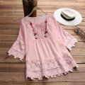 Summer Shirt V-Neck Crochet Lace Trim Flower Decor Casual Shirt.