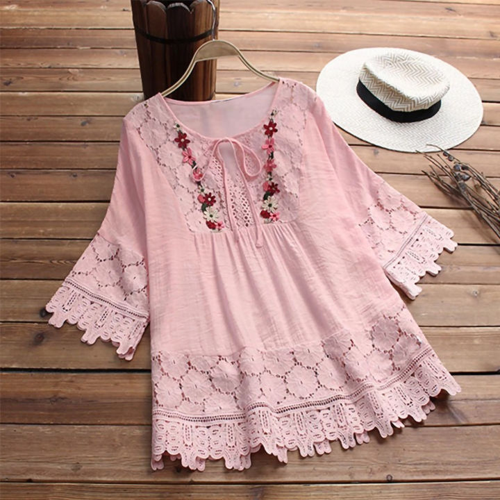 Summer%20Shirt%20V-Neck%20Crochet%20Lace%20Trim%20Flower%20Decor%20Casual%20Shirt%20-%20Image%206