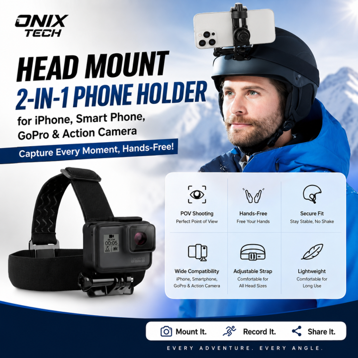 2-in-1 Head Mount Strap for Smartphone, GoPro & Action Camera Head Mount Phone Holder