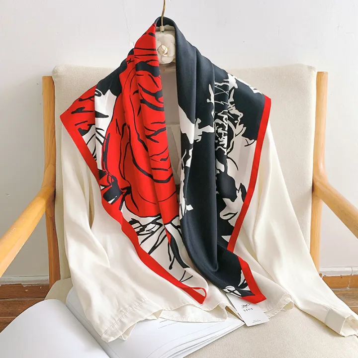 New%20Twill%20Silk%20Scarf%20Women's%20All-Match%20Bag%20Headscarf%20Rose%20Large%20Kerchief%20Women's%20Elegant%20Fashion%20Decorative%20Shawl%20-%20Image%203