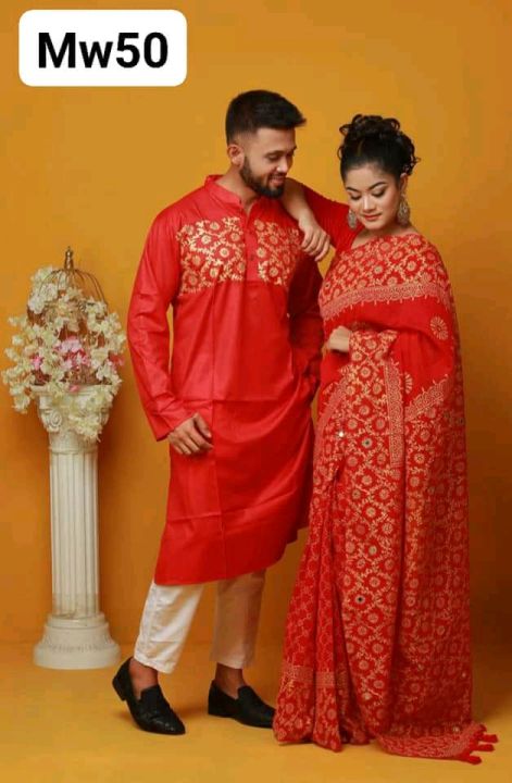 Stylish & fashionable New Matching best/Coupple Dress/For Men & Women / Saree & Panjabi/ (Combo Set))