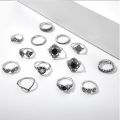 15 Pcs/sets Lotus Flower Black Rhinestone Vintage Antique Rings Sets for Women.