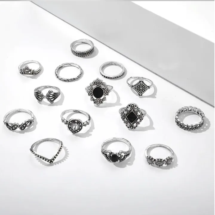 15%20Pcs/sets%20Lotus%20Flower%20Black%20Rhinestone%20Vintage%20Antique%20%20Rings%20Sets%20for%20Women%20-%20Image%205