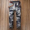 2022 High Quality Men Casual Jeans Coated Slim Straight Pleated Biker Jeans Pants Male Denim Casual Pants Plus Size 42. 