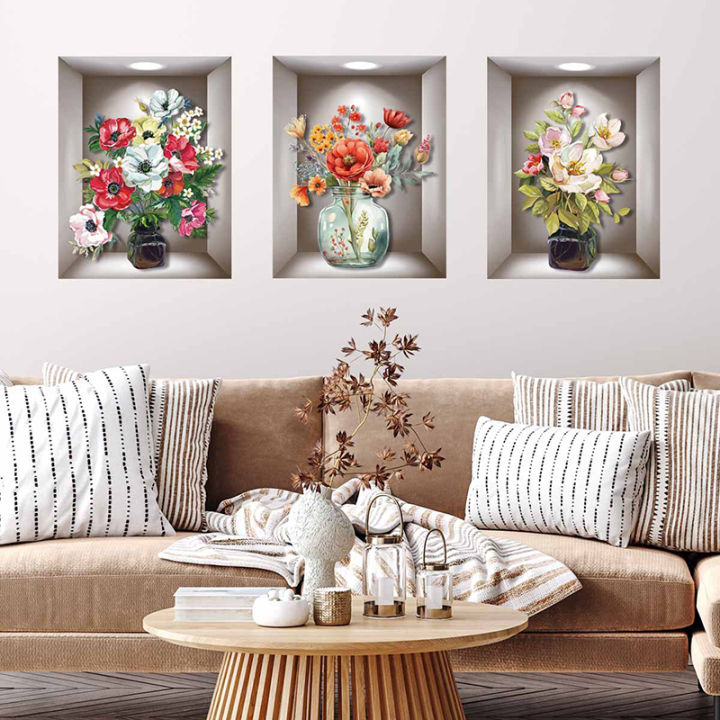 3pcs Watercolor Flower Pots Flower Vase 3D Pvc Decoration Wall Sticker For Home Decor Removble Wall Decals Wall Sticker