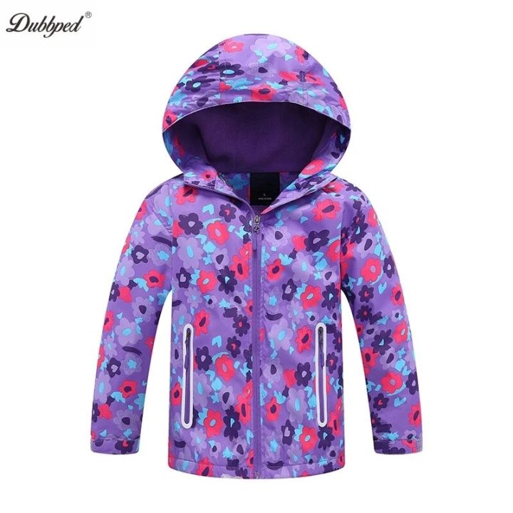 Dubbped Kids Girls Flower Purple Rain Jacket Waterproof Coat Lightweight Hooded Warm Lined Raincoats Windbreakers
