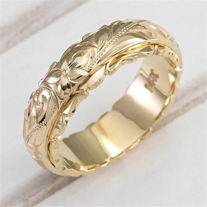 Wish new 14k yellow gold-plated suspended engraved rose flower ring European and American cross-border jewelry tail ring women