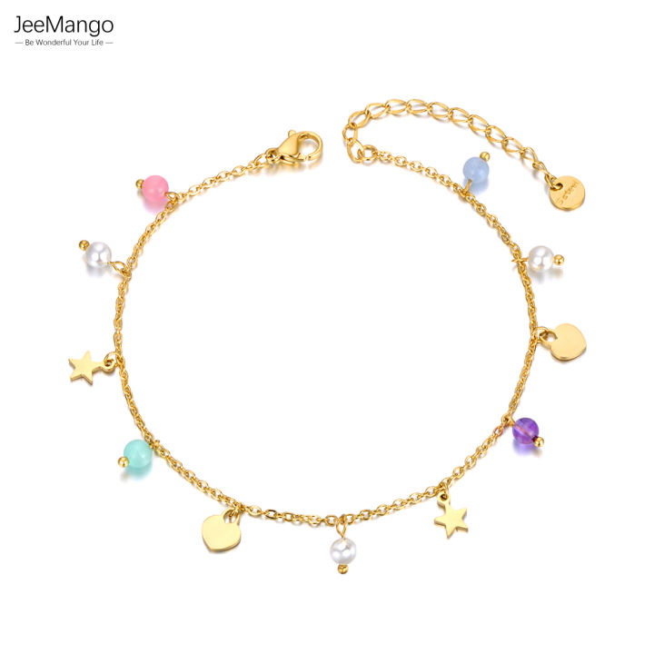 JeeMango Bohemia Pearl Crystal Stone Charm Bracelet Jewelry Stainless Steel Star Heart Bear Bracelets For Women Girls JB22135