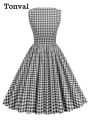 Tonval Gingham 50s Pinup Rockabilly Cotton Dresses for Women 2022 O-Neck Sleeveless High Waist Plaid Pleated Vintage Dress.