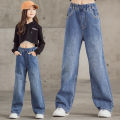 Girls denim wide-leg pants 2023 Internet celebrity loose foreign style straight pants torn trousers wear medium and big children's pants trend. 