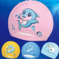 Four-sided high-grade children's PU coating cartoon swimming cap children's swimming cap waterproof ear protector PU cap dolphin pattern batch. 