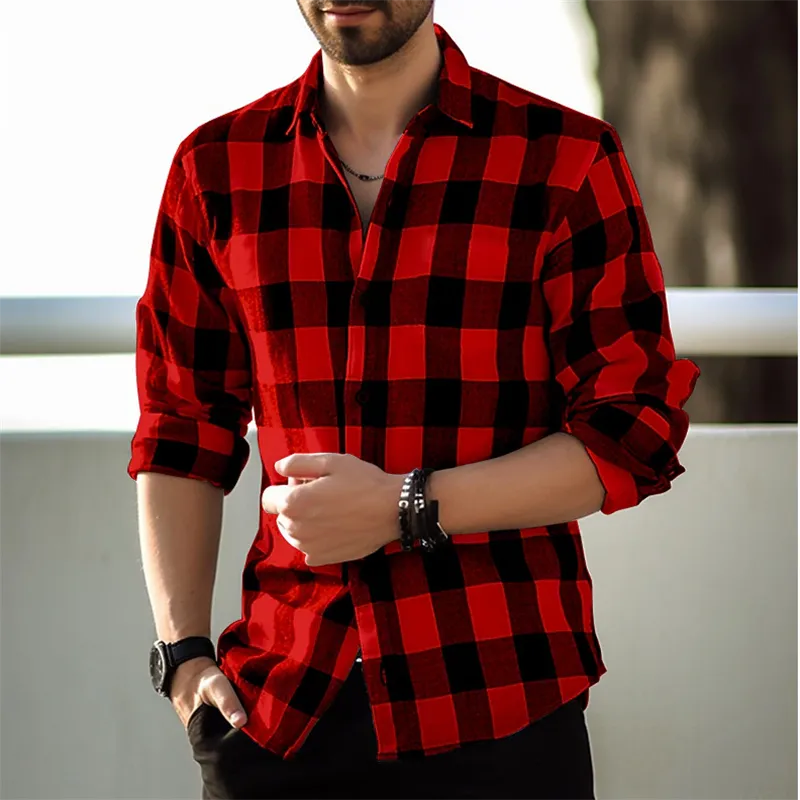 Red Plaid Shirt Men's Shirt Long Sleeve Fashion New 2023 Button