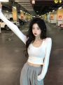 Simple White Shoulder U Collar Threaded Long Sleeve T T-shirt Women's Outer Wear Inner Wear Hot Girl Top Short All-Match Bottoming Shirt.