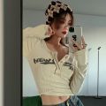 Sweet and Spicy T T-shirt Women's Half-Open Collar Button Short Navel Letter Print Slim Fit Fashion ins Hot Girl Long-Sleeved Shirt Autumn.