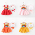 【Factory-direct】 Summer Fan Sling Baby Girl Dress Cute Clouds + Rainbow Splicing Infant Beach Dress Sweet Cartoon Girls Children'S Clothing + Same Model Hat. 