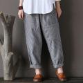 Oversize Women Striped Pants Elastic Waist Cotton Linen Pantalon Loose Long Harem Trousers Casual Baggy Streetwear.