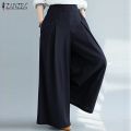 ZANZEA Women Elastic Waist Wide Leg Pants Loose Autumn Trousers Culottes Elegant Office Ladies Casual Palazzo Work Pantalon. 