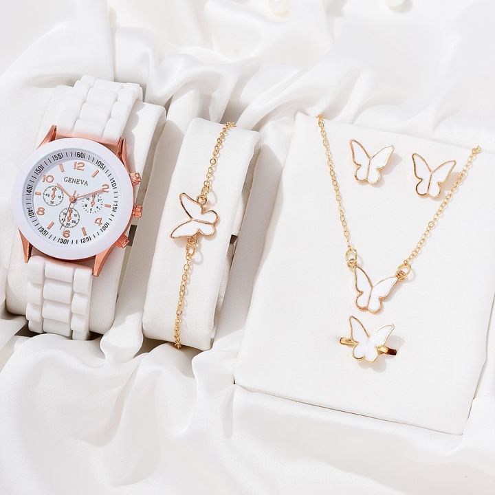 Luxury 5pcs Handwatch Set with Butterfly Necklace Earrings Bracelet Quartz WristWatch for Women