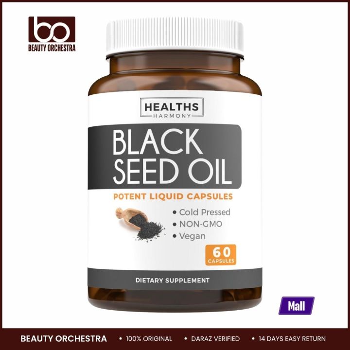 Healths Harmony Black Seed Oil - 60 Softgel Capsules (Non-GMO & Vegan) Premium Cold-Pressed Nigella Sativa Producing Pure Black Cumin Seed Oil with Vitamin E - 500mg Each, 1000mg Per 2 Capsule Serving