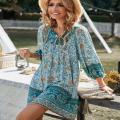 Womens Bohemian Dress Summer Floral Print V Neck Dresses Casual 3/4 Long Sleeve Beach Dress Green TEMOFON. 
