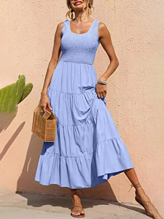 Dresses%20For%20Women%202024%20Summer%20Elegant%20Sleeveless%20Floral%20Solid%20Color%20Long%20Dress%20Fashion%20Elastic%20Waist%20Beach%20Party%20Big%20Swing%20-%20Image%202
