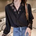PLAZSON Summer Women Blouse Lace Patchwork Chiffon White Shirt Long Sleeve Button Elegant Office Lady Tops Korean Style Clothes.