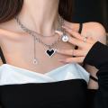 Trendy Punk Mosaic Pixel Double Layer Necklace Charm Gothic Clavicle Chain Metal Black Heart Pendant Necklace for Women Girls Party Jewelry Gift.