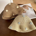 Cute Rustic Straw Sun Hat With Blue Floral Accents, Wide Brim Beach Hat For Women, Summer UV Protection, Fashionable Floppy Hat For Seaside & Outdoor Activities.