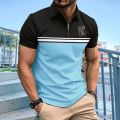 Men's polo shirt with collar and zipper, street casual T-shirt, striped color, new.