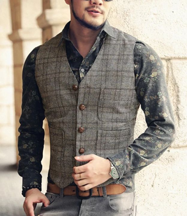 Mens%20Suit%20Vests%20Men%20Brown%20Black%20Waistcoat%20Vest%20Man%20Plaid%20Steampunk%20Jacket%20Striped%20Tweed%20V%20neck%20Slim%20Fit%20Gilet%20Wedding%20Clothing%20-%20Image%205