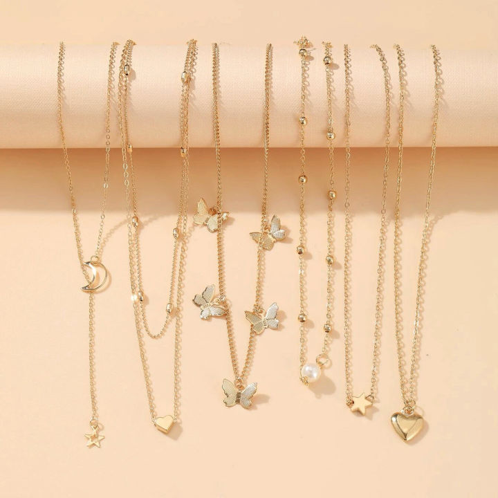 6 Pcs/set Pendant Necklace Creative Personality Multi-layer erflies Moon Peach Heart-shaped Pendant color:old
