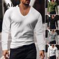 Men V-neck T-shirt Men V-neck Long Sleeve T-shirt Solid Slim Fit High Elastic Pullover Tops Breathable Thin Stwear Casual Men T-shirt. 