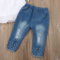 【KuaKe Mall】(New) baby girl lace shirt T-shirt tops long pants jeans clothes set.
