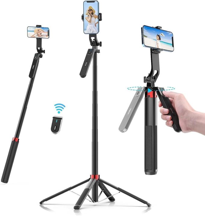 ULANZI MA09 Extendable Phone Tripod, 71" Selfie Stick Phone Vlog Tripod Stand Quadrapod with All in 1 Phone Clip, Travel Tripod Phone Holder with Rechargeable Remote