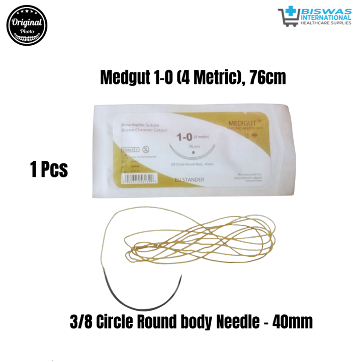 Absorbable Suture Brown chromic Catgut – Medgut 1-0 (4 Metric), 76cm | 3/8 Circle Round body Needle – 40mm 1 Pcs