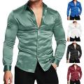Men Shirt Satin Solid Color Turn-down Collar Autumn Shirt Long Sleeves Single-breasted Formal Shirt Buttons Men Prom Shirt. 