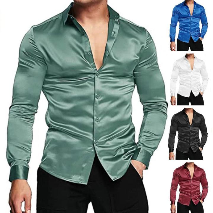 Men Shirt Satin Solid Color Turn-down Collar Autumn Shirt Long Sleeves Single-breasted Formal Shirt Buttons Men Prom Shirt