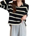 Spring and Autumn New Casual All-Match Sweater Women's Retro Short Striped Sweater polo Collar Outer Wear Long-Sleeved Sweater.