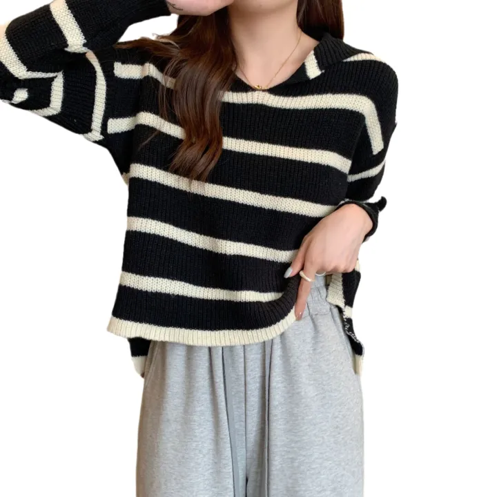 Spring%20and%20Autumn%20New%20Casual%20All-Match%20Sweater%20Women's%20Retro%20Short%20Striped%20Sweater%20polo%20Collar%20Outer%20Wear%20Long-Sleeved%20Sweater%20-%20Image%205