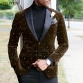 Fashion Navy Blue Velvet Men Suit Set Evening Party Luxury Shiny Beads Blazer Formal Activities Slim Fit Tuxedos Pants 2 Pieces. 
