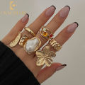 Enacolor Rings for Girls All Season Alloy & Imitation Pearl Vintage Baroque Flower Open Ring Set – 6Pcs Fashion Jewellery.