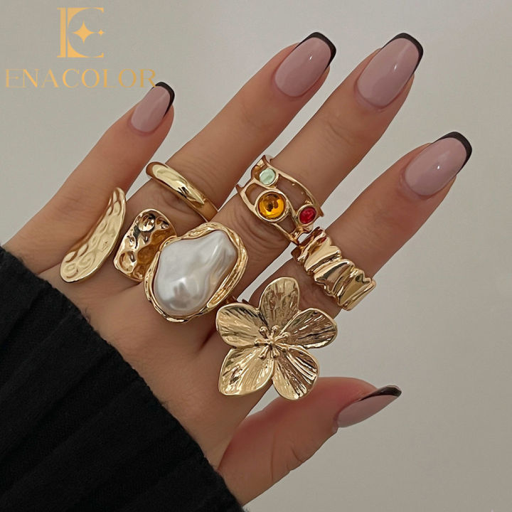 Enacolor Rings for Girls All Season Alloy & Imitation Pearl Vintage Baroque Flower Open Ring Set – 6Pcs Fashion Jewellery