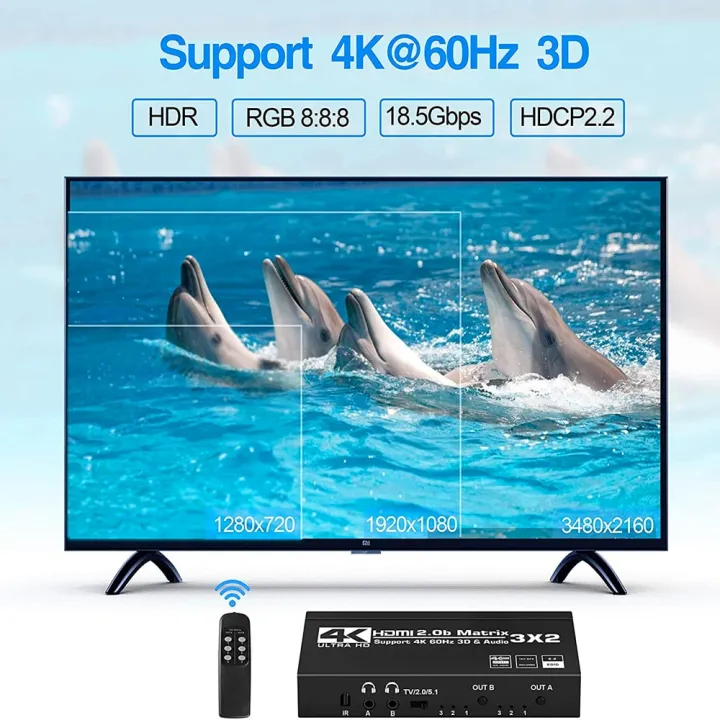 KuWFi%204K/60Hz%20HDMI%20Switch%20Remote%203x2%20Switcher%20Dual%20Audio%20Extractor%202.0b%20Matrix%20Splitter%20for%20PS4/5%20Xbox%20TV%20DVD%20HD%20player-black%20-%20Image%207