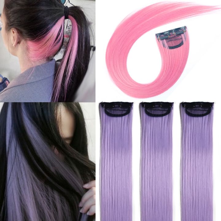Synthetic 1 PC Colored 2Clips in Hair Extension Straight Hairpieces Pink Purple Green Natural Hair Extension Hair Pieces