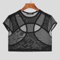Men T Shirt O-neck Hollow Out Short Sleeve Mesh See Through Sexy Crop Tops Men Streetwear Skinny Camisetas S-5XL.