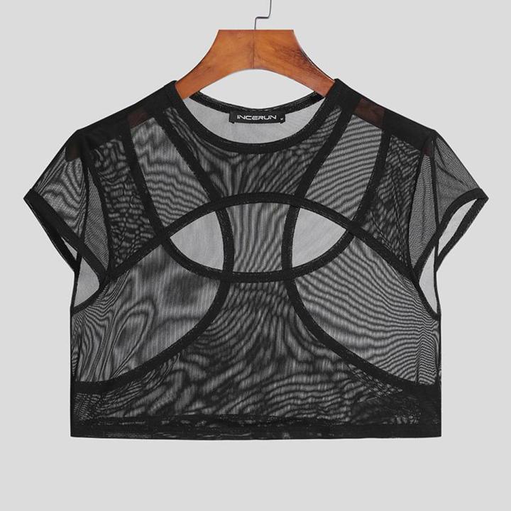 Men T Shirt O-neck Hollow Out Short Sleeve Mesh See Through Sexy Crop Tops Men Streetwear Skinny Camisetas S-5XL