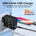 65W Fast Charger USB Charger 6 Ports Mobile Phone Chargers Quick Charging For IPhone 11 12 13 14 Pro 15 Xiaomi 13 Samsung Galaxy. 