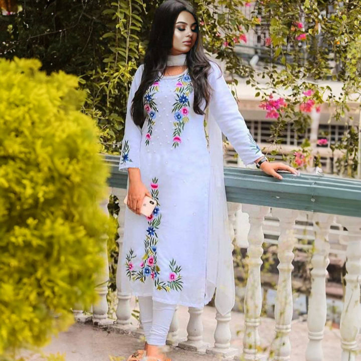 জর্জেট থ্রি পিস- White Color Jorjet/Georgette Embroidery Work Salwar Kameez Three Piece For Women (3 Piece) - 3 Pice Dress