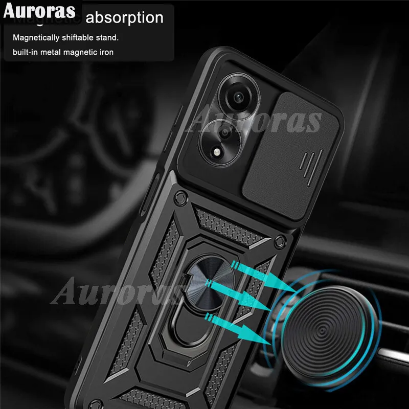 HONLEN Custodia Per OPPO A18 / OPPO A38 Con Anello E Supporto Magnetico - Cover Rigida PC Blu, Protezione Obiettivo Scorrevole - 2