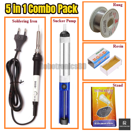 Soldering Iron Combo Pack | 5 in 1 Kit | 60W 908 Soldering Iron with Power Indicator, Desoldering Pump, Solder Wire, Rosin, Stand | DIY & Electronics Repair Kit